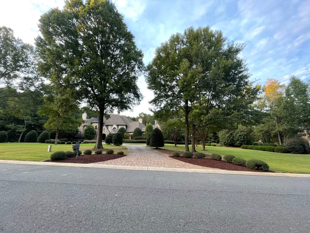 Elegant mansion nestled in greenery with a curved driveway and landscaped gardens.