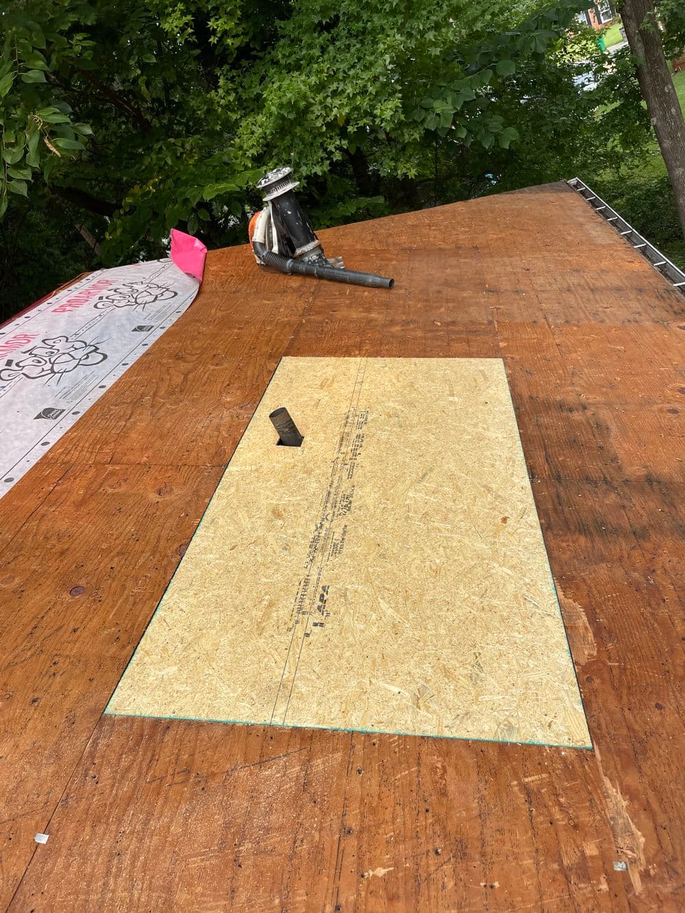 Roof repair showing an open section of plywood flooring with a nail gun nearby.