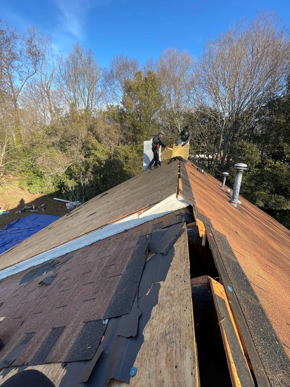 Roofing contractors repairing a sloped roof with trees in the background on a sunny day.
