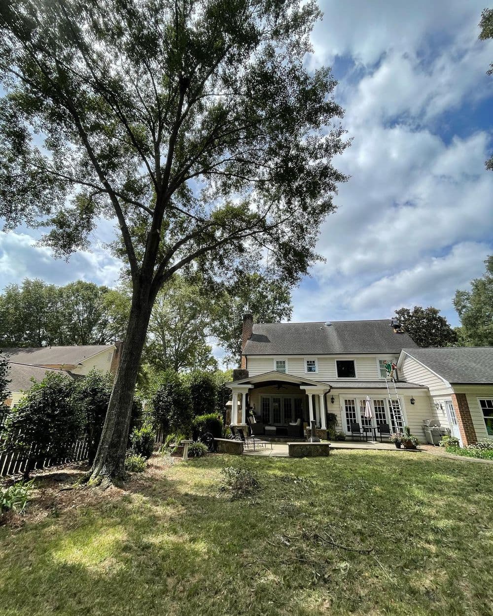 Charming home with porch surrounded by lush garden and tall trees under a blue sky.